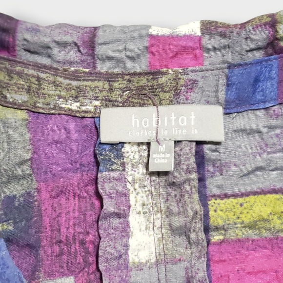 Habitat Clothing Purple Abstract Crinkled Textured Button Front Asymmetric Top M - Picture 5 of 12